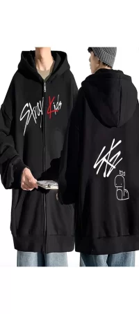 StrayKids Fermuarlı Sweatshirt Unisex Sırt Baskı Detay Siyah Oversize Sweatshirt Kapüşonlu