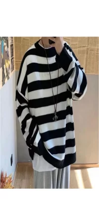 Streetwear Siyah Beyaz Çizgili Streetwear Oversize Kazak