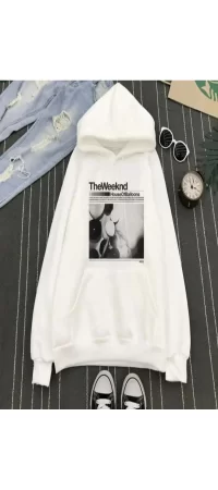 The Weeknd Baskılı Beyaz Kalın Kumaş Kapşonlu Unisex Sweatshirt