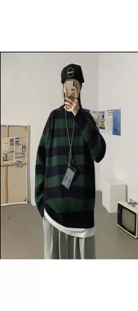 Y2k Harajuku Çizgili Streetwear Oversize Unisex Yeşil Siyah Kazak