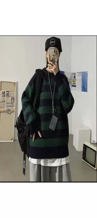 Y2k Harajuku Çizgili Streetwear Oversize Unisex Yeşil Siyah Kazak