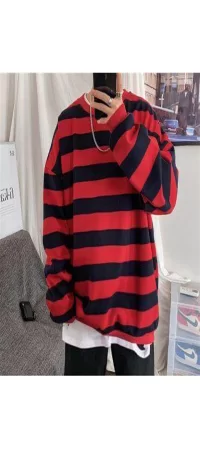 Y2K Kırmızı Siyah Çizgili Streetwear Oversize Kazak-Standart-Kırmızı-Siyah
