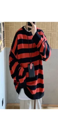 Y2K Kırmızı Siyah Çizgili Streetwear Oversize Kazak-Standart-Kırmızı-Siyah