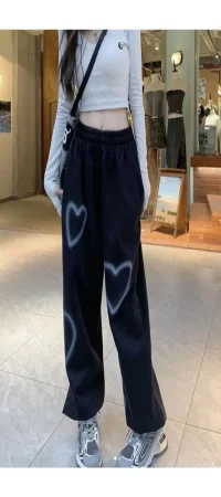 Y2K Streetwear Harajuku Kalp Desenli Oversize Unisex Siyah Renk Eşofman Altı