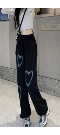Y2K Streetwear Harajuku Kalp Desenli Oversize Unisex Siyah Renk Eşofman Altı