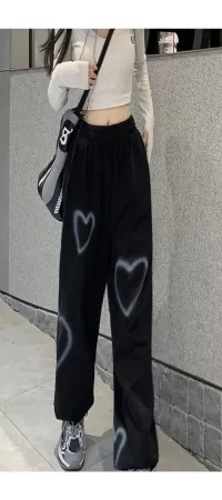 Y2K Streetwear Harajuku Kalp Desenli Oversize Unisex Siyah Renk Eşofman Altı