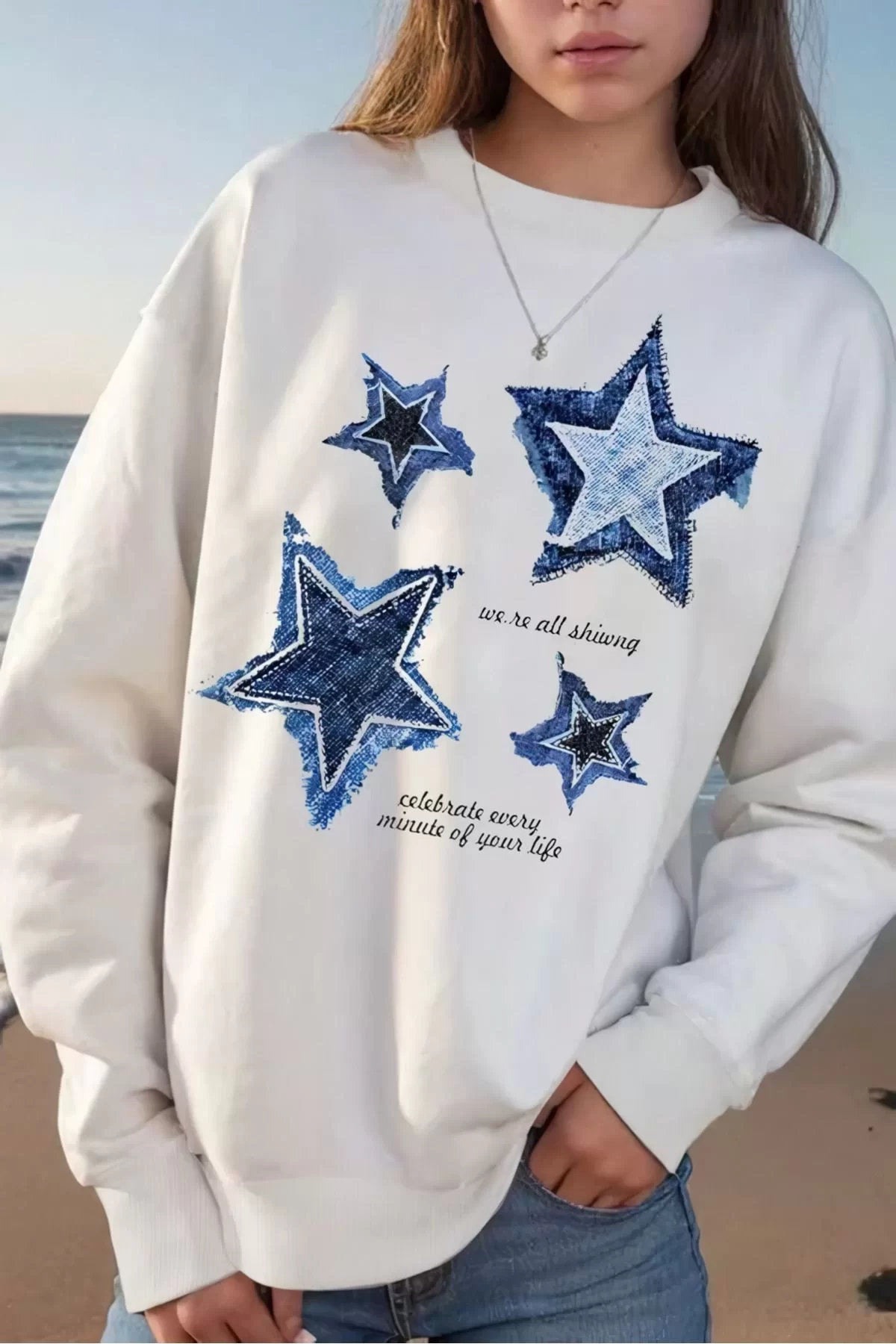 Beyaz 3 İplik Şardonlu Blue Stars Print Sweatshirt