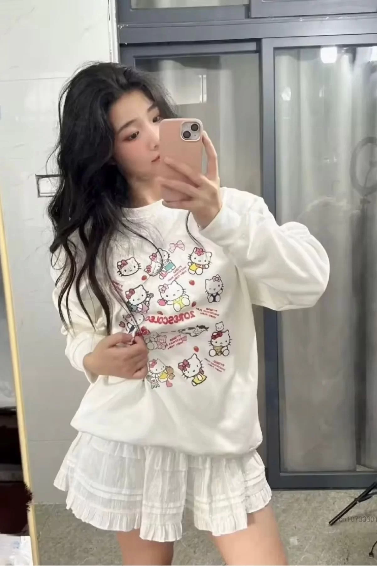 Beyaz 3 İplik Şardonlu Hello Kitty Cute Cartoon Long Sleeve Sweatshirt
