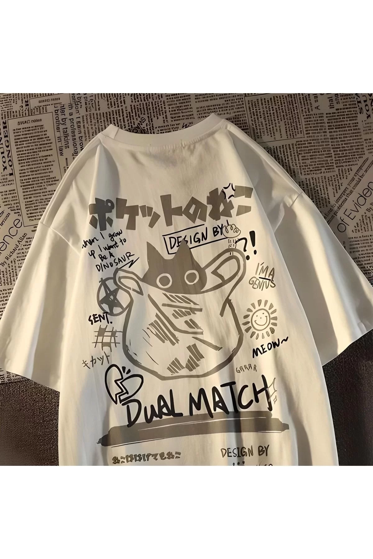 Beyaz Dual Match Cat Sırt Baskılı Unisex Oversize T-shirt