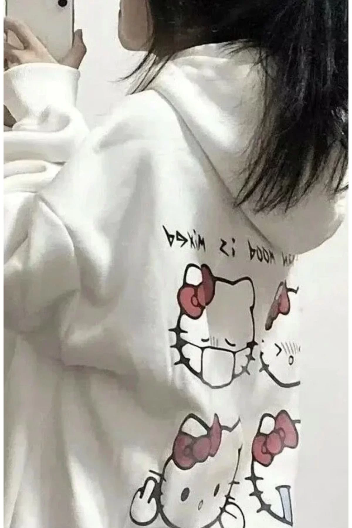 Beyaz Kapüşonlu The Human Mood İs Mixed Hello Kitty Sırt Baskılı Sweatshirt Unisex Oversize