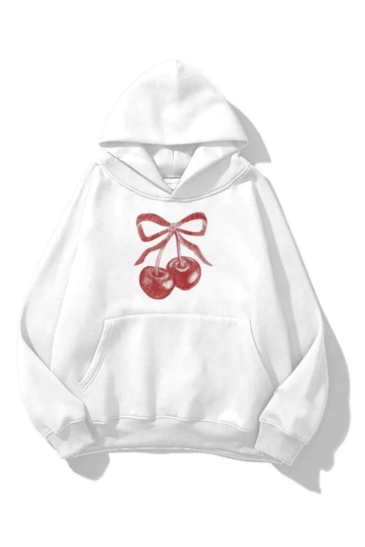 Beyaz UnisexKiraz Kurdele Tram Oversize Sweatshirt