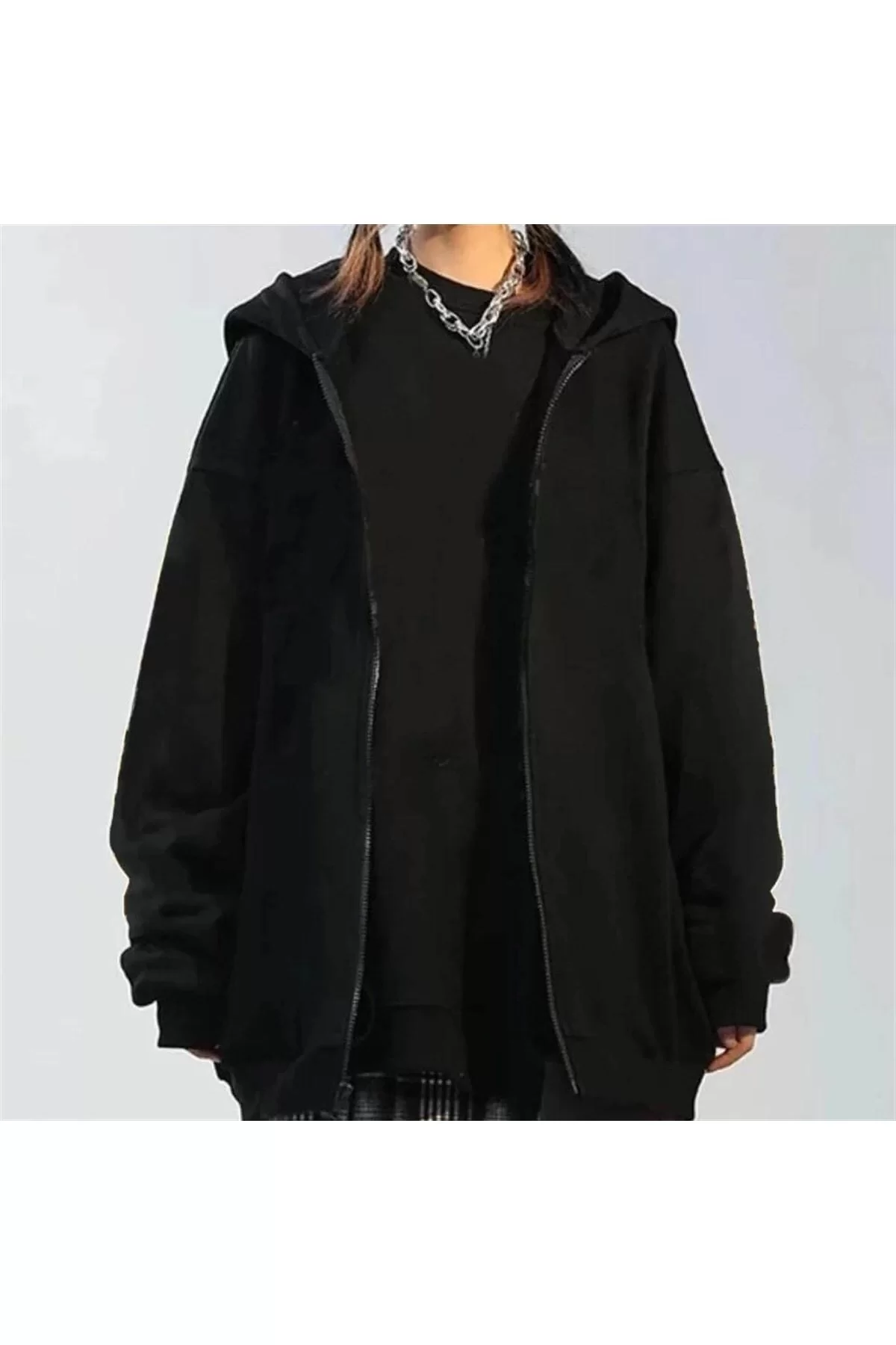 Düz Siyah Unisex Oversize (2 İPLİK) Mevsımlık Hırka