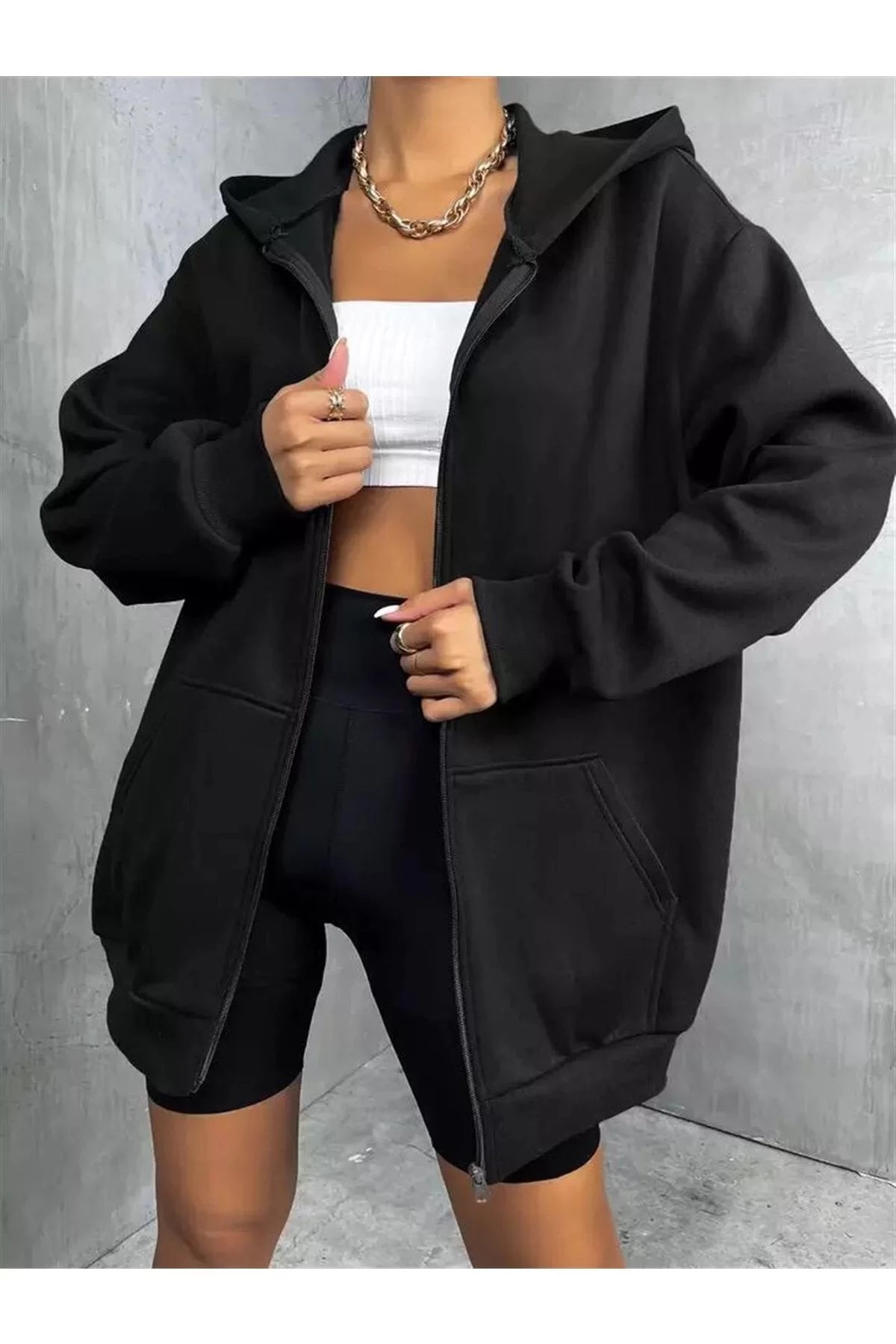 Düz Siyah Unisex Oversize (2 İPLİK) Mevsımlık Hırka