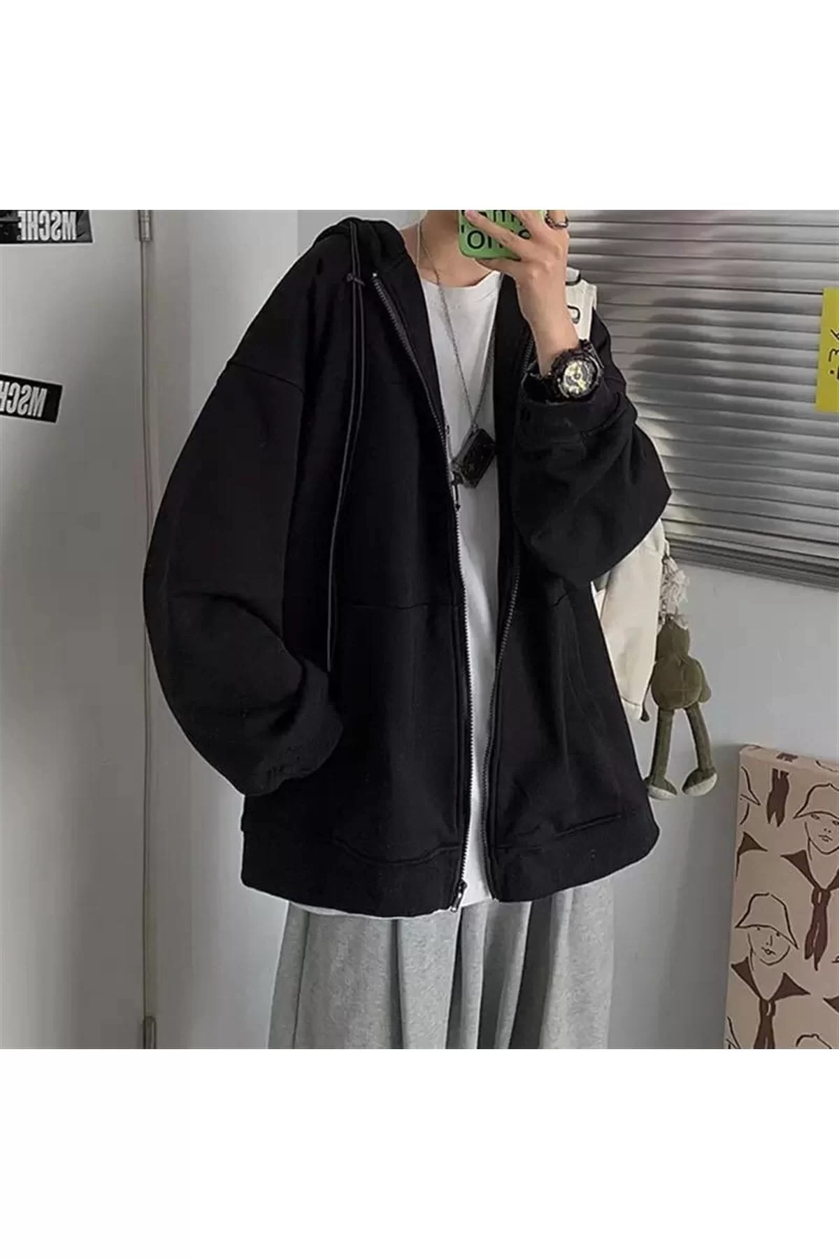 Düz Siyah Unisex Oversize (2 İPLİK) Mevsımlık Hırka