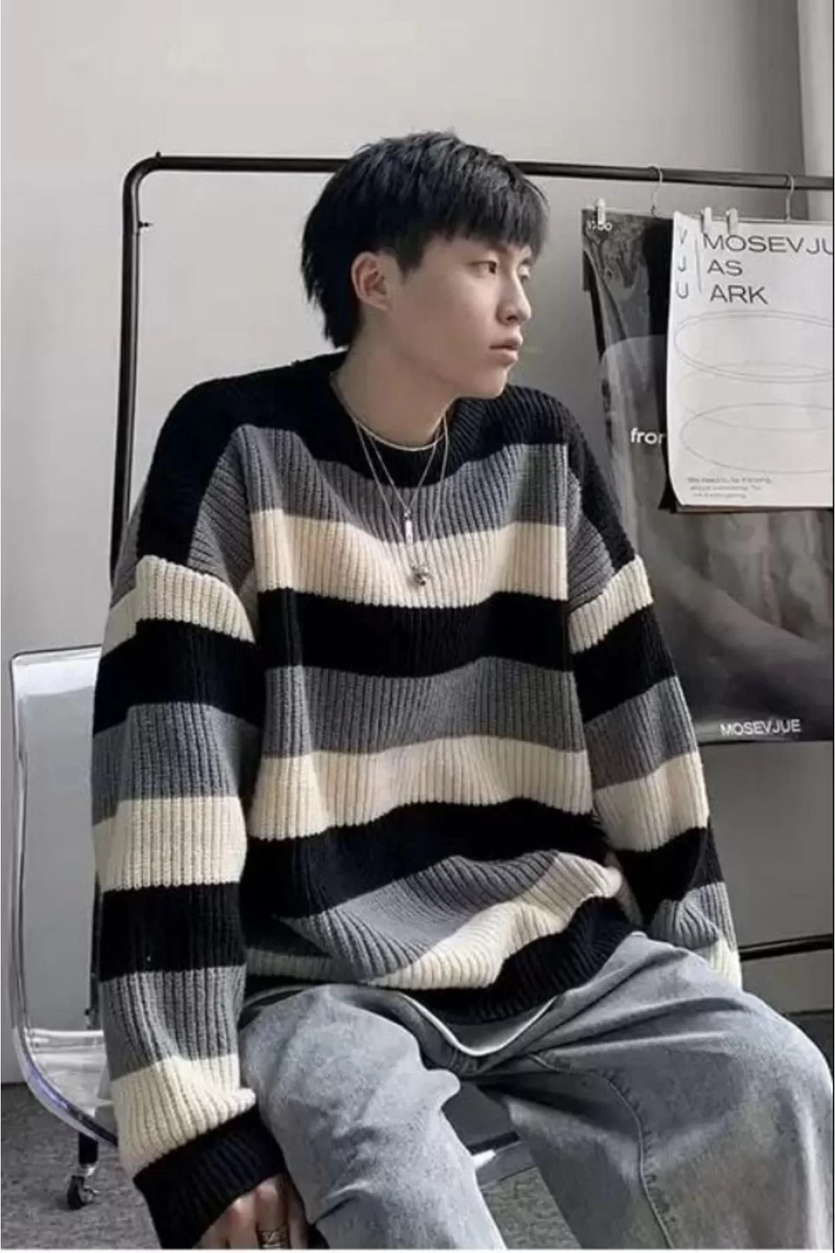 Harajuku Beyaz Gri Siyah Çizgili Oversize Unisex Kazak