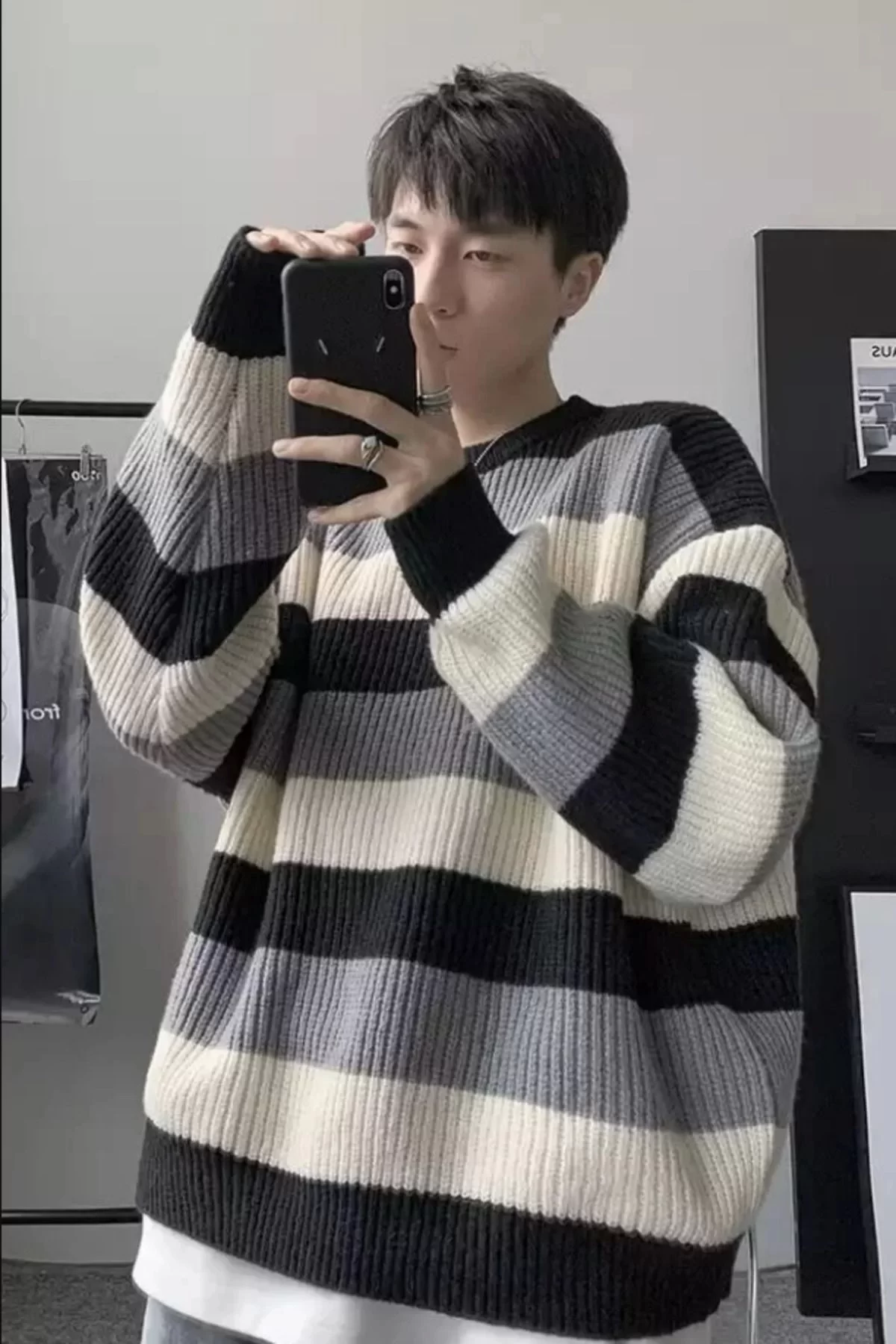 Harajuku Beyaz Gri Siyah Çizgili Oversize Unisex Kazak