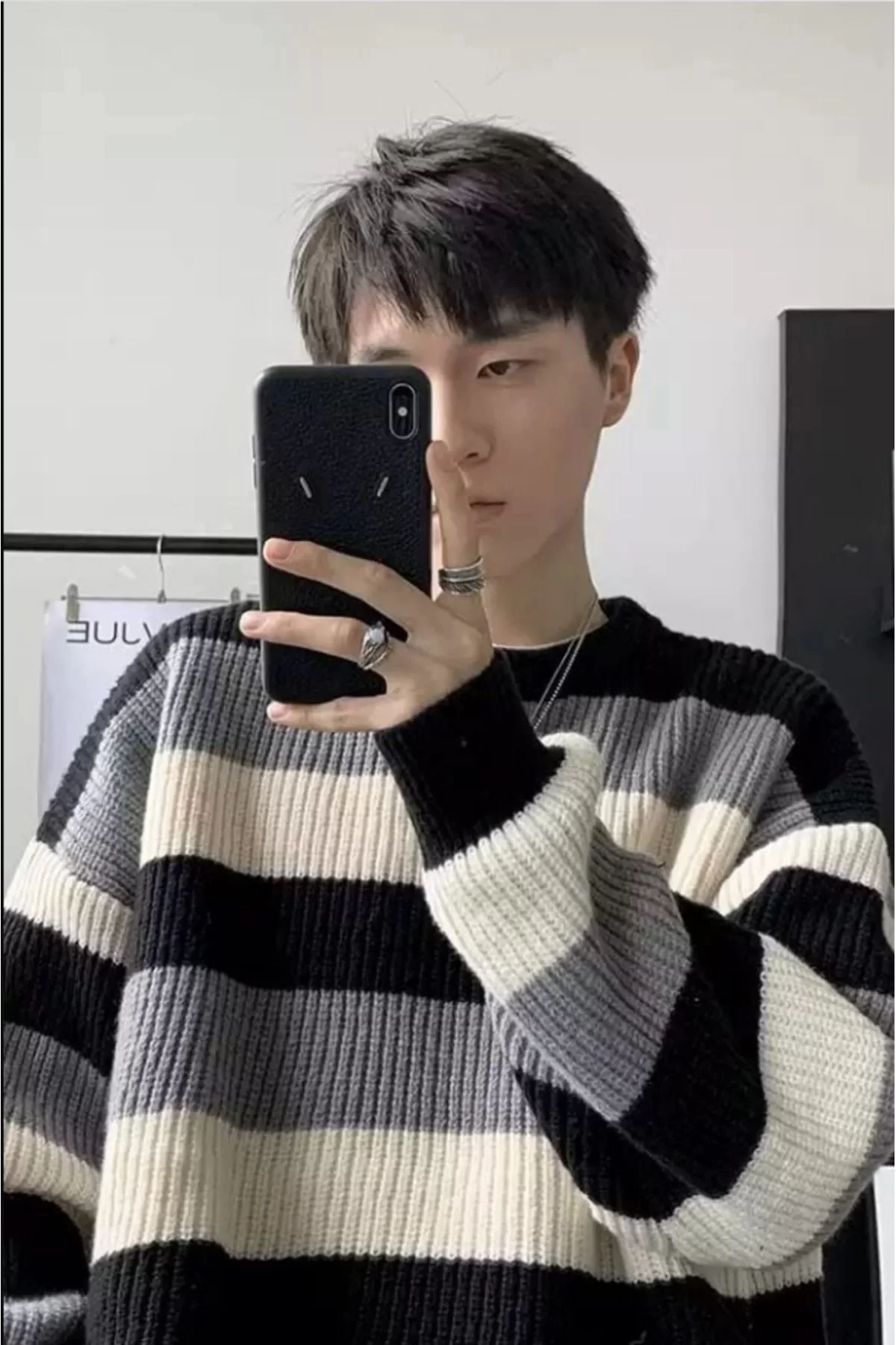 Harajuku Beyaz Gri Siyah Çizgili Oversize Unisex Kazak