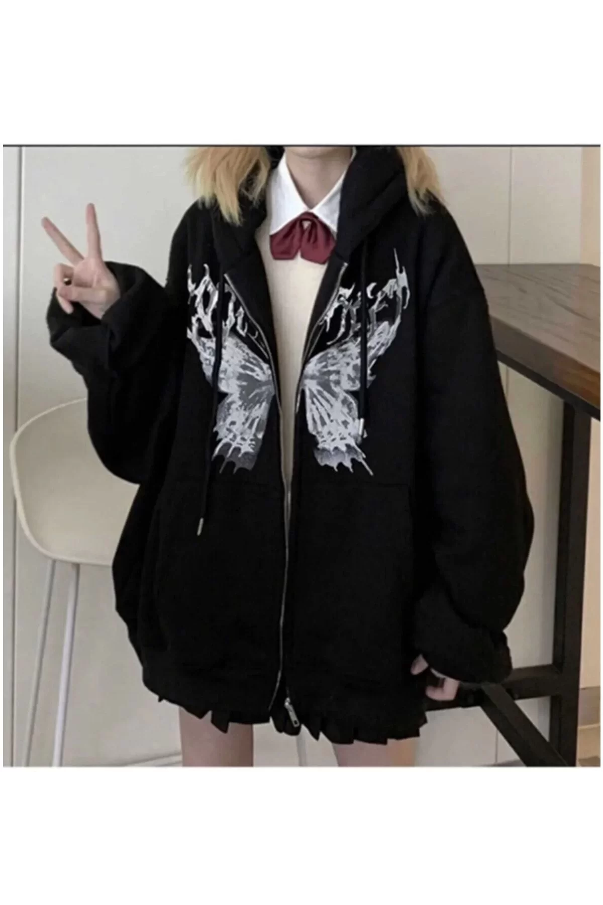 Harajuku Stili Butterfly Desenli Siyah (UNİSEX) Fermuarlı Kapşonlu Hırka