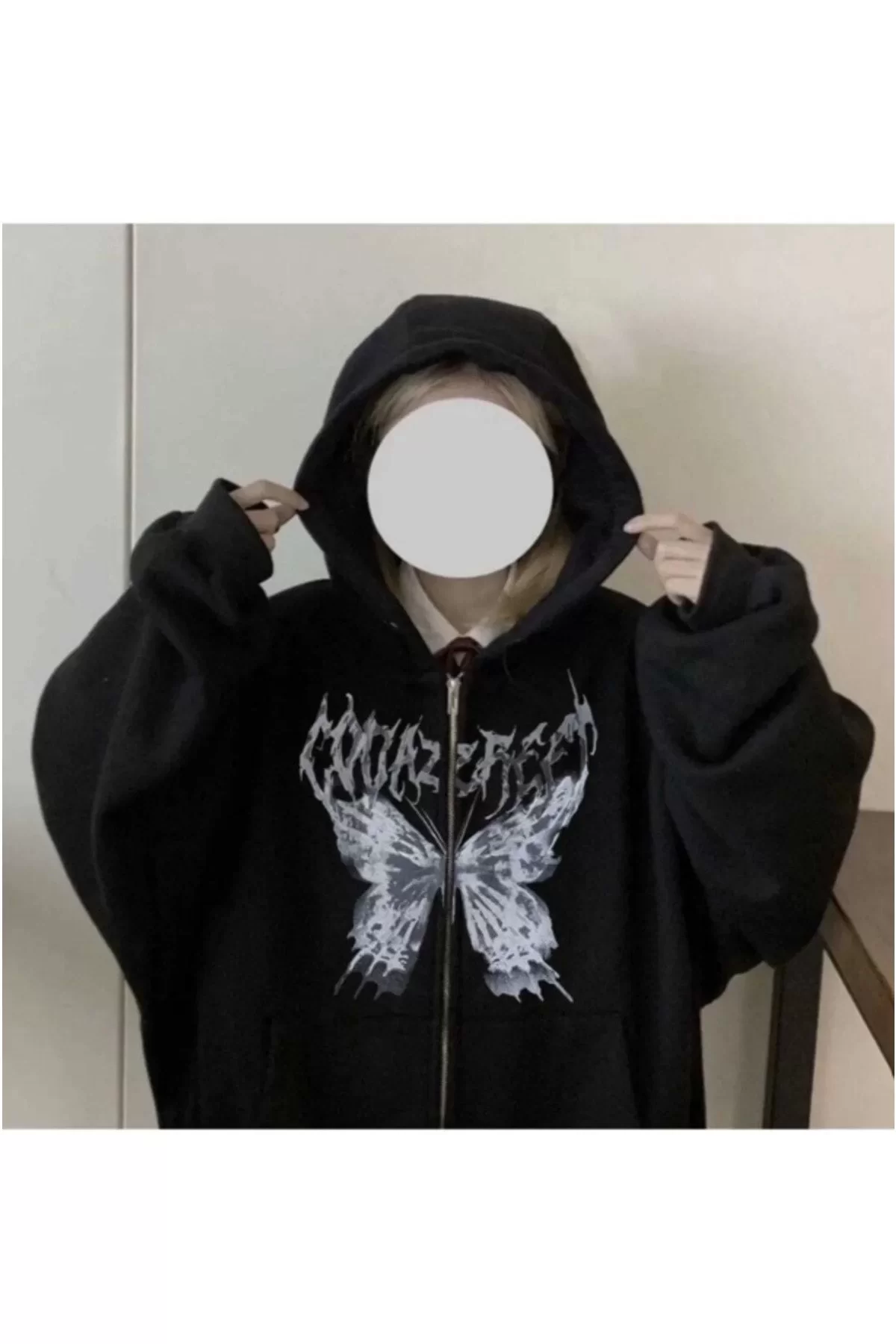 Harajuku Stili Butterfly Desenli Siyah (UNİSEX) Fermuarlı Kapşonlu Hırka