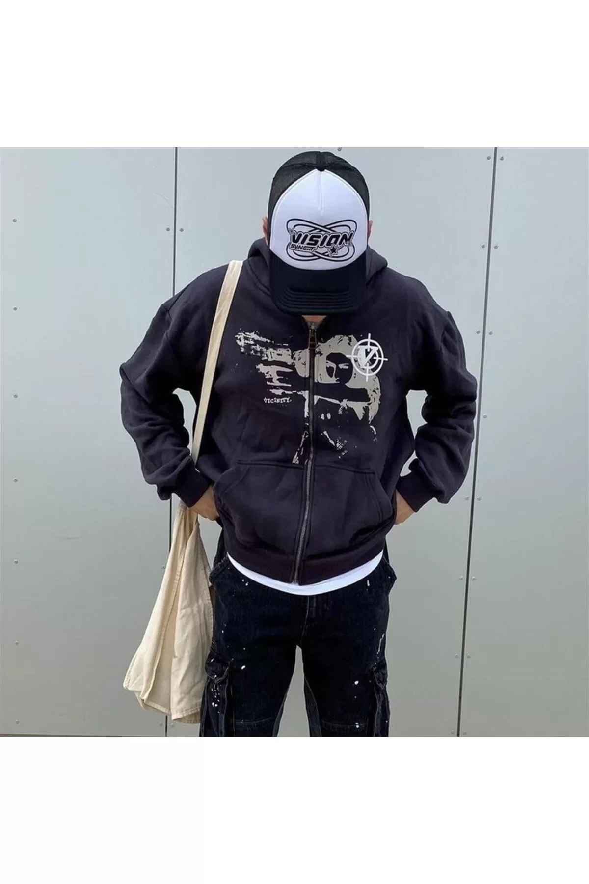 Killer Girl Vicinity Baskılı Baskılı Oversize Fermuarlı Siyah Unisex Kapüşonlu Hırka