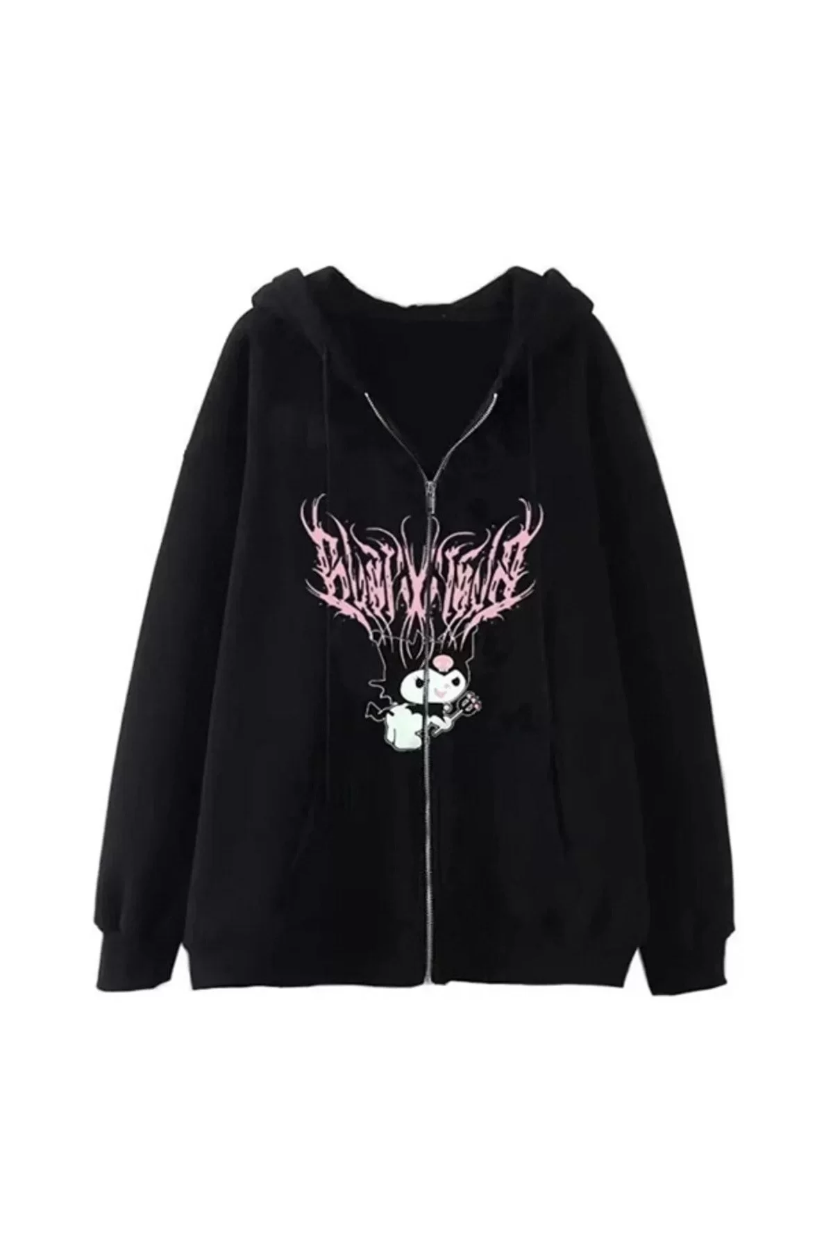 Kuromi Pink Baskılı Oversize Fermuarlı Siyah Unisex Kapüşonlu Hırka