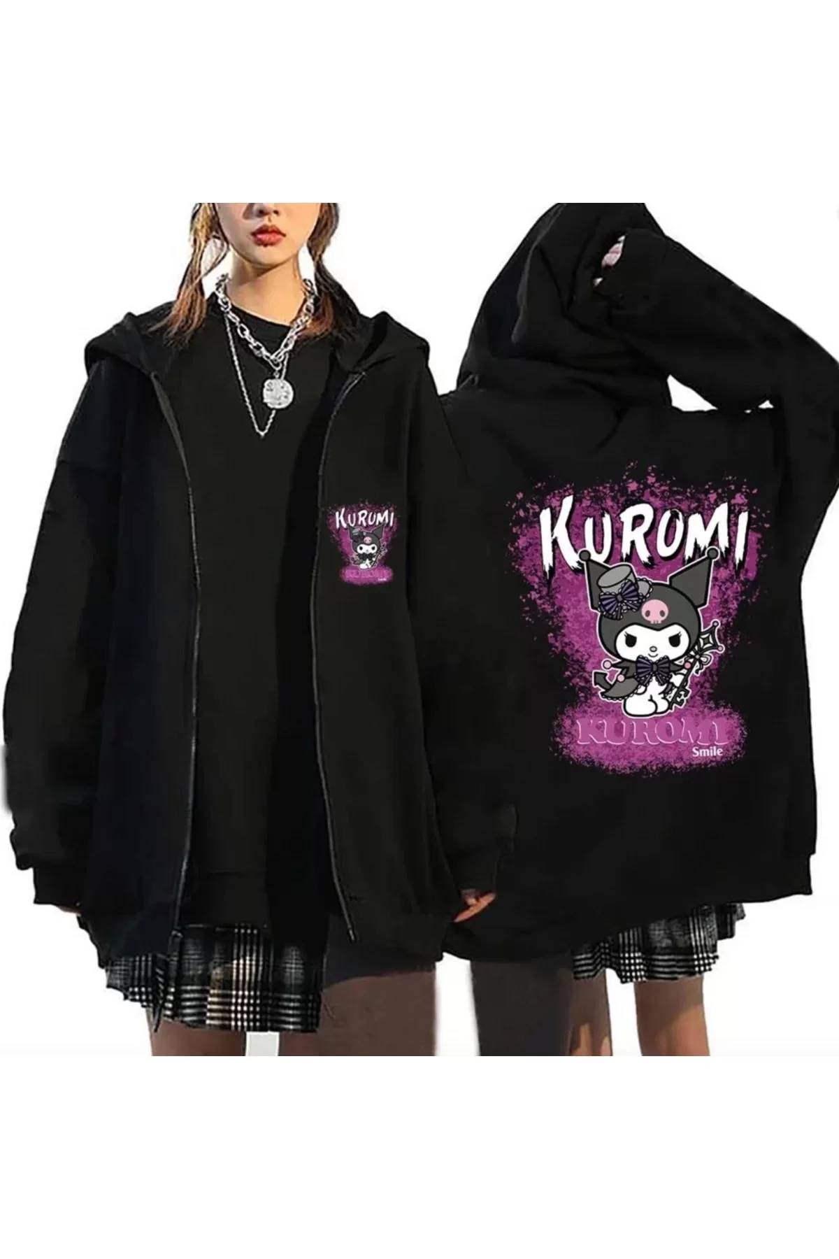 Kuromi Smile Fermuarlı Sweatshirt Unisex Siyah Oversize Sweatshirt Kapüşonlu