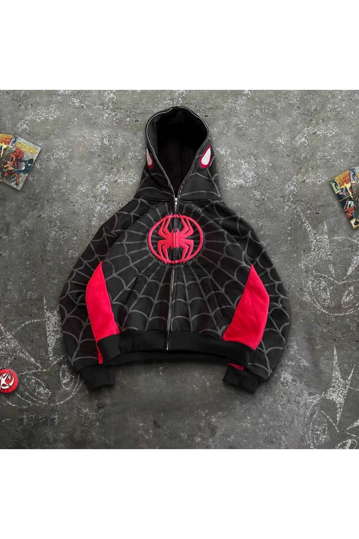 Spider Web Kabartma Baskılı Full Zip Hırka ( 3 İplik )