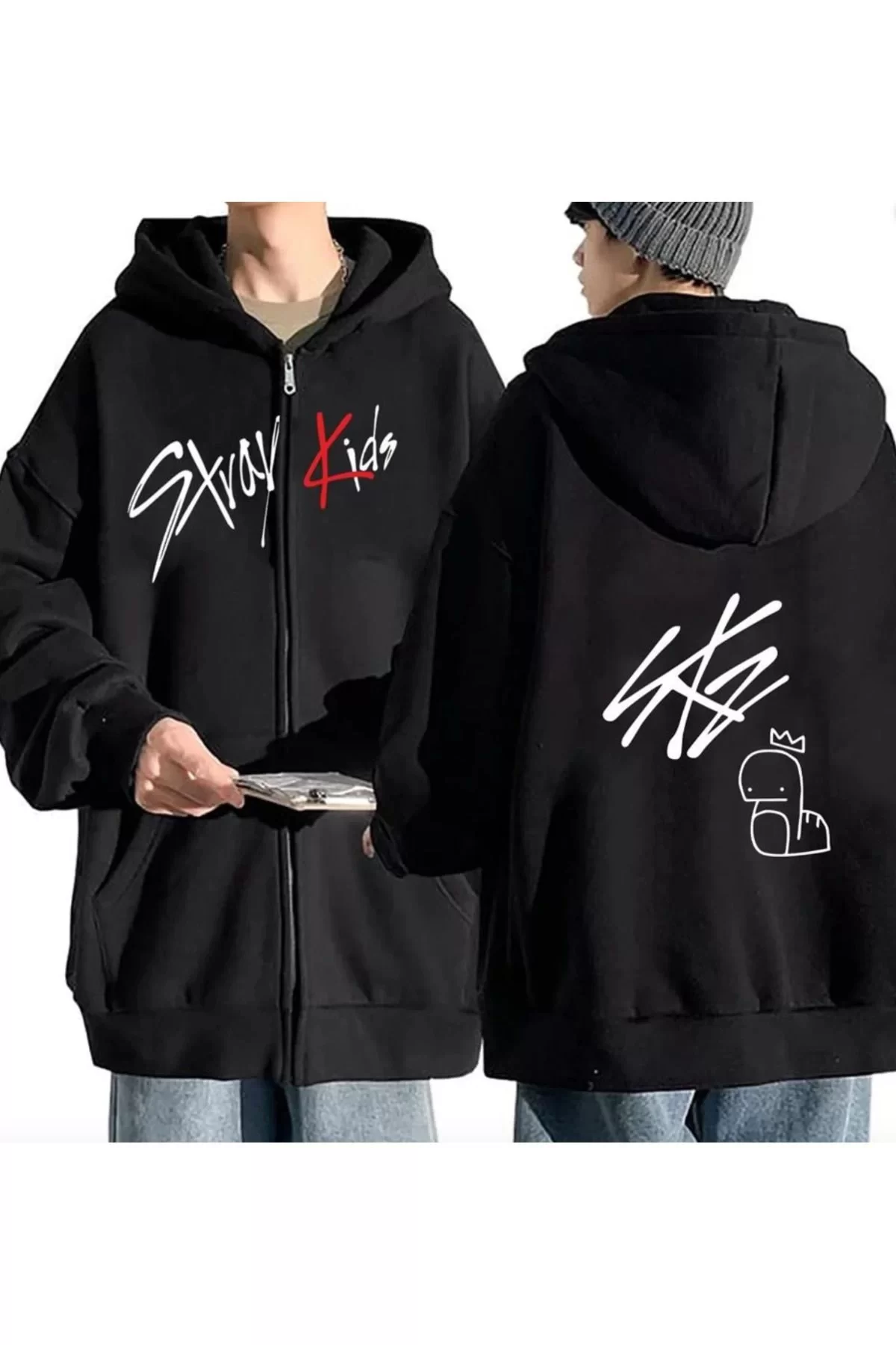 StrayKids Fermuarlı Sweatshirt Unisex Sırt Baskı Detay Siyah Oversize Sweatshirt Kapüşonlu