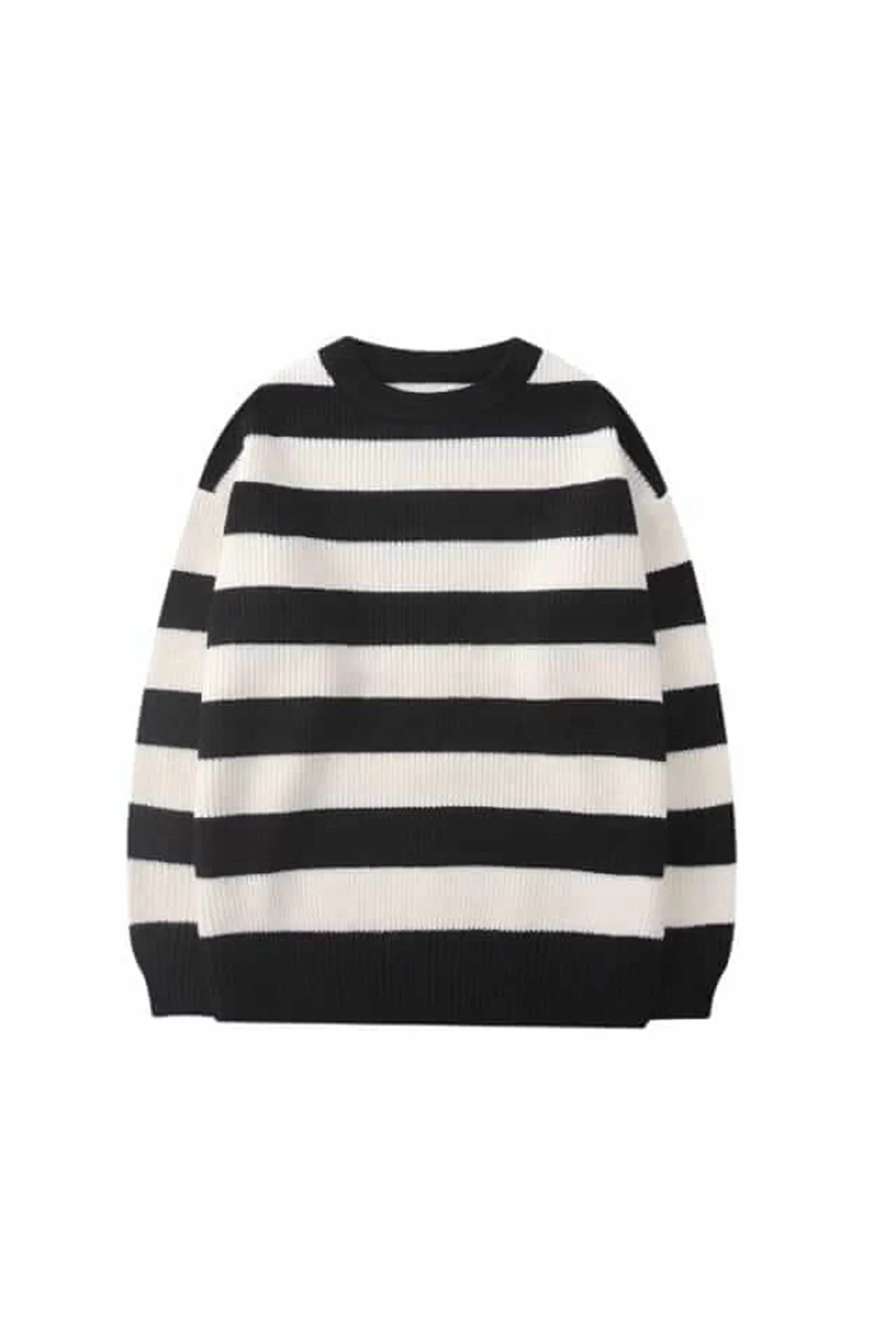 Streetwear Siyah Beyaz Çizgili Streetwear Oversize Kazak