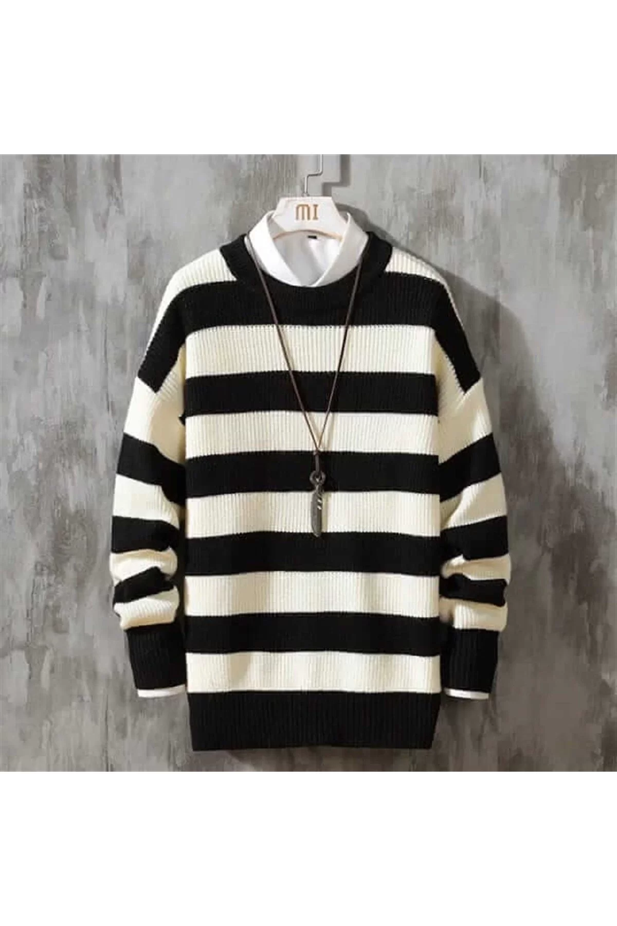 Streetwear Siyah Beyaz Çizgili Streetwear Oversize Kazak