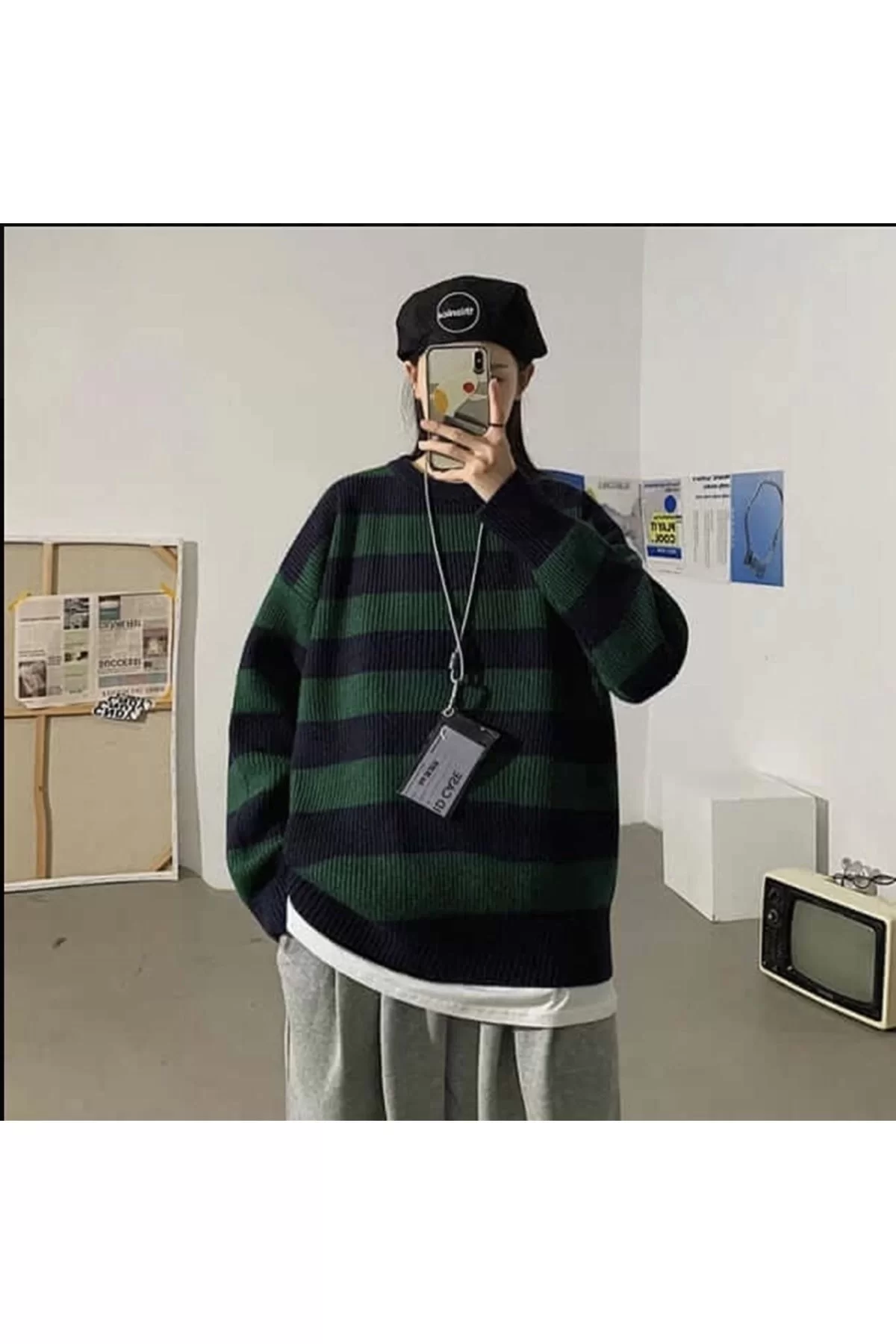 Y2k Harajuku Çizgili Streetwear Oversize Unisex Yeşil Siyah Kazak