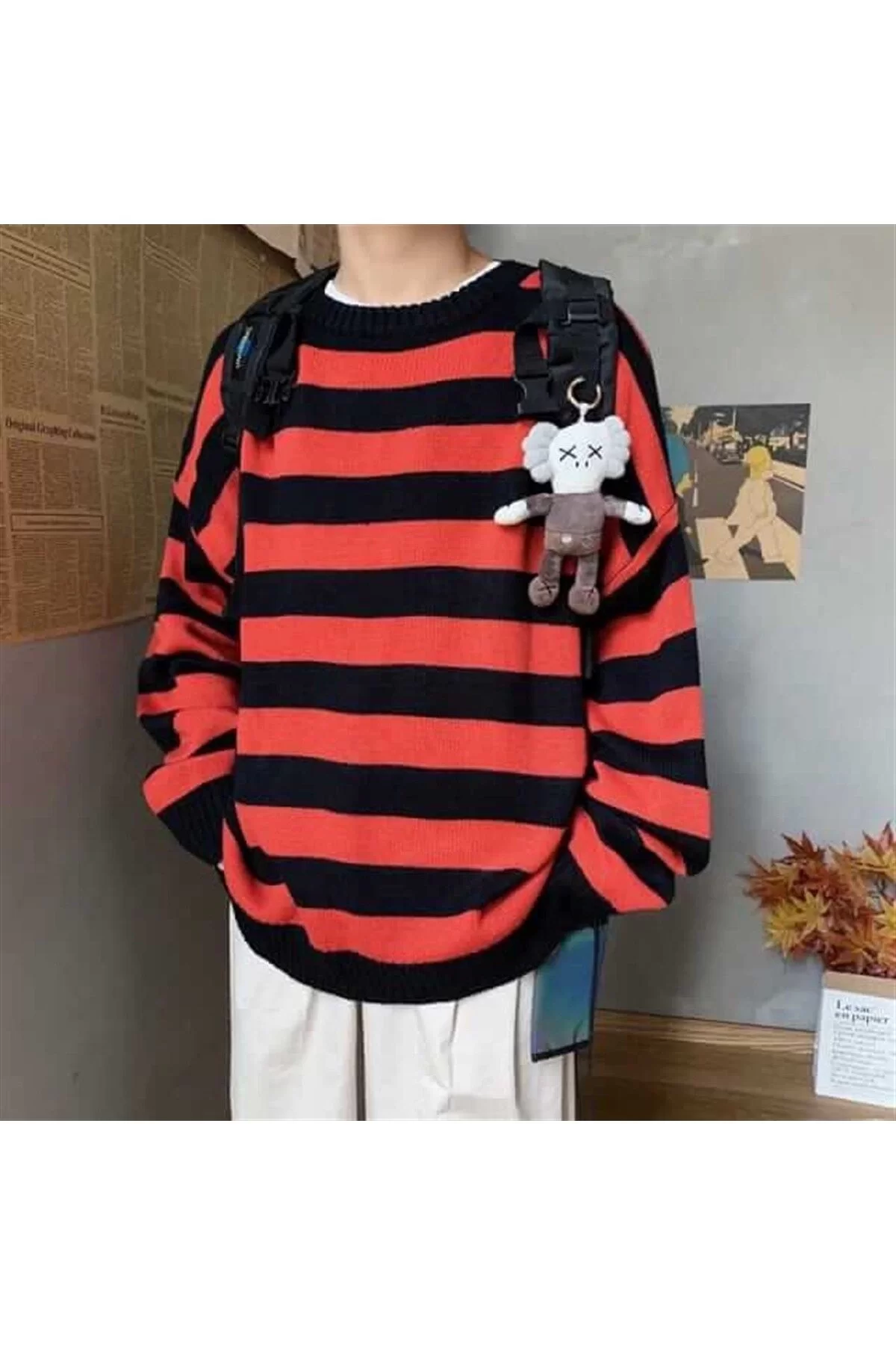 Y2K Kırmızı Siyah Çizgili Streetwear Oversize Kazak-Standart-Kırmızı-Siyah