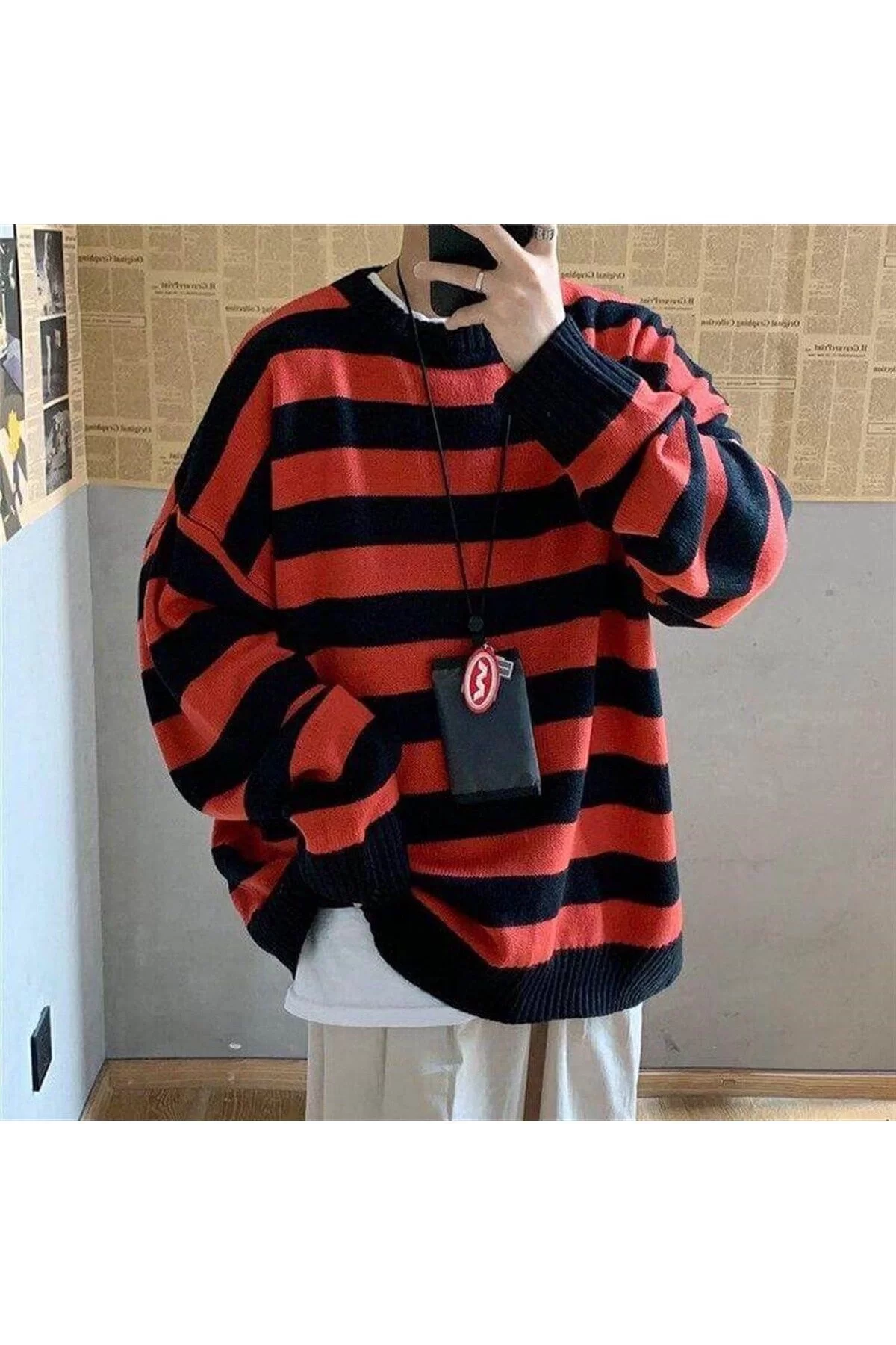 Y2K Kırmızı Siyah Çizgili Streetwear Oversize Kazak-Standart-Kırmızı-Siyah