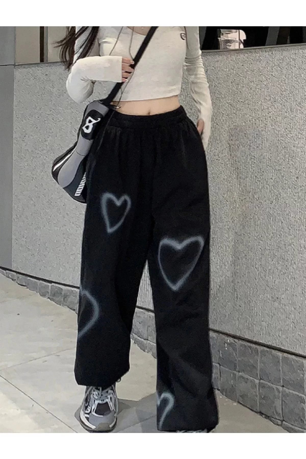 Y2K Streetwear Harajuku Kalp Desenli Oversize Unisex Siyah Renk Eşofman Altı