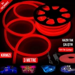 Neon Hortum Led Kırmızı Su Geçirmez 12V 3Mt Tak Kullan