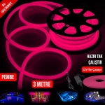 Neon Hortum Led Pembe Su Geçirmez 12v 3mt Tak Kullan