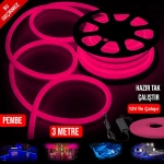 Neon Hortum Led Pembe Su Geçirmez 12V 3Mt Tak Kullan