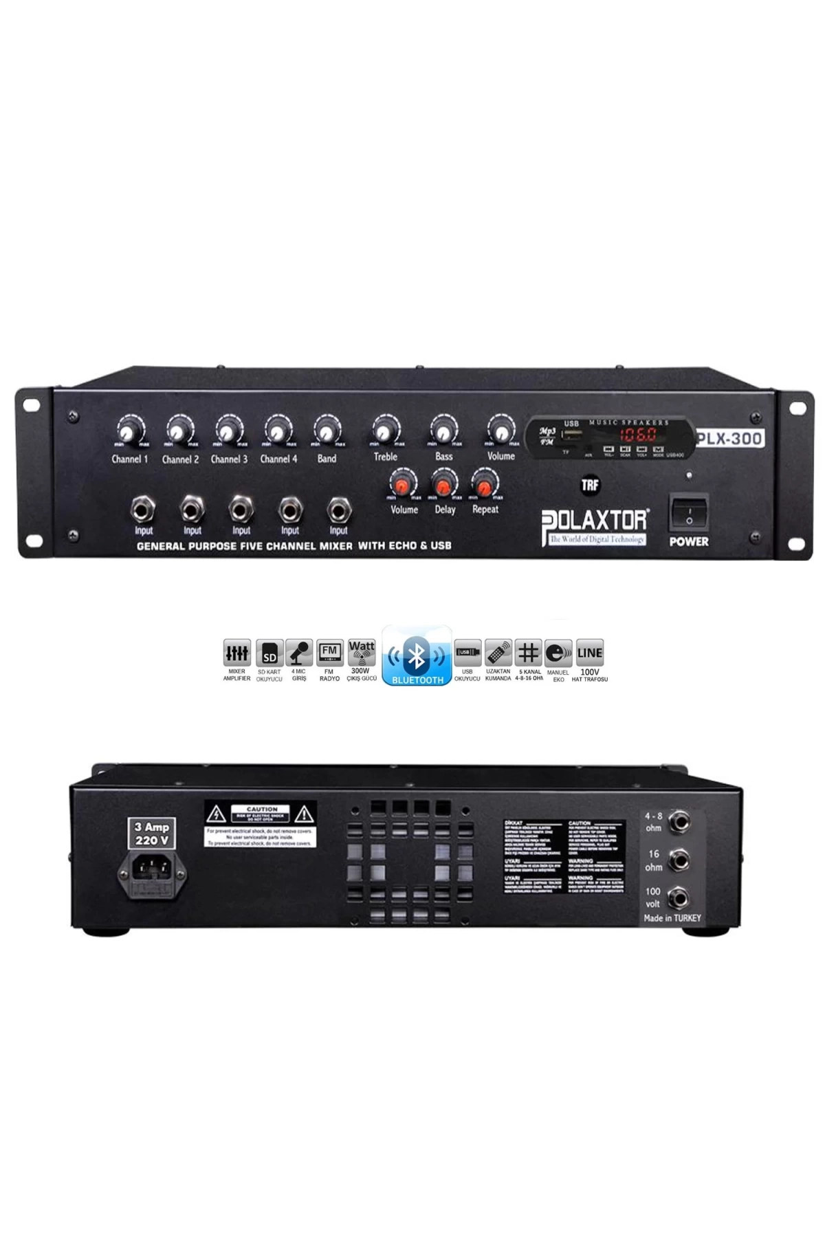 Polaxtor Plx-300te Power Mixer Anfi 5 Kanal 300 Watt Trafolu Bluetooth Usb Sd Fm