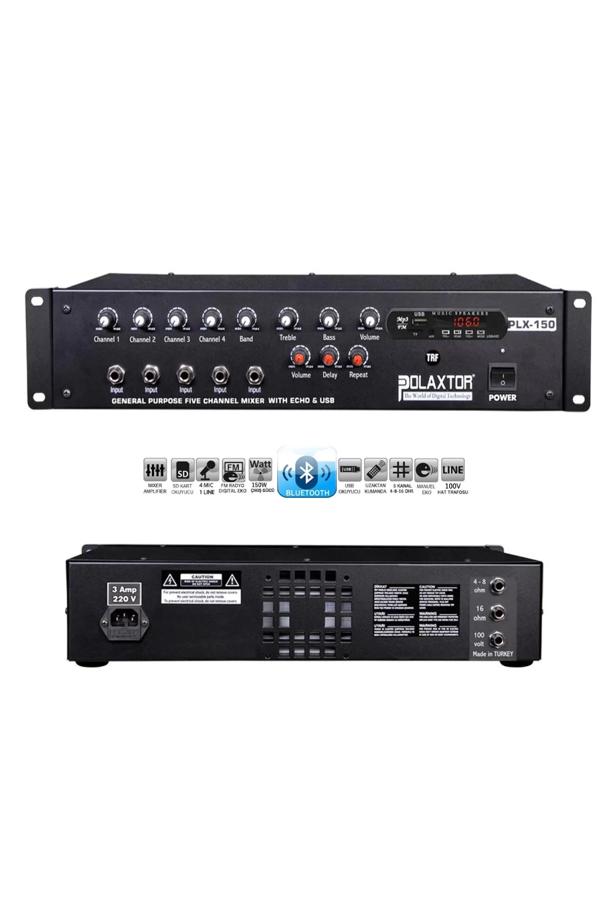 Polaxtor Plx-150te Power Mixer Anfi 5 Kanal 150 Watt Trafolu Bluetooth Usb Sd Fm