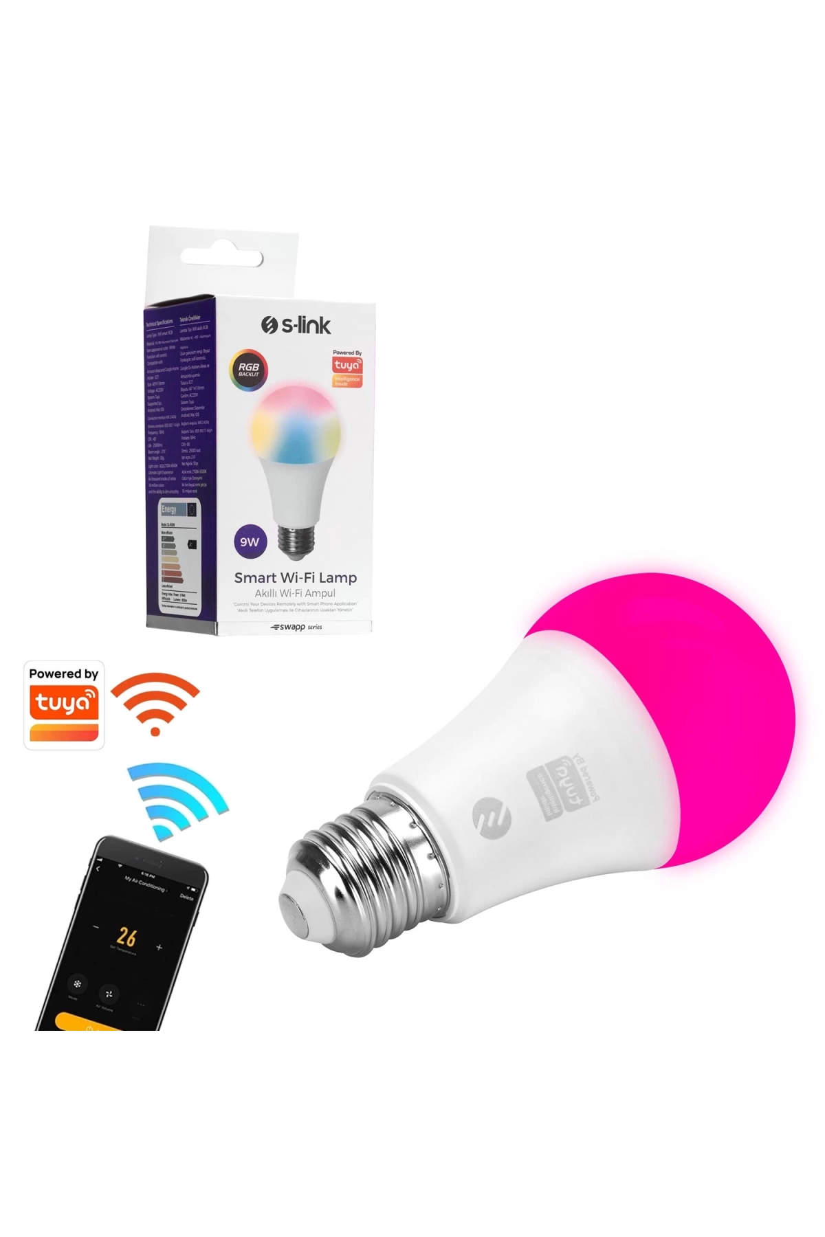 S-link Sl-rgb9 Akıllı Rgb Led Ampul 9w 800lm E27 Wi-fi Tuya Destekli