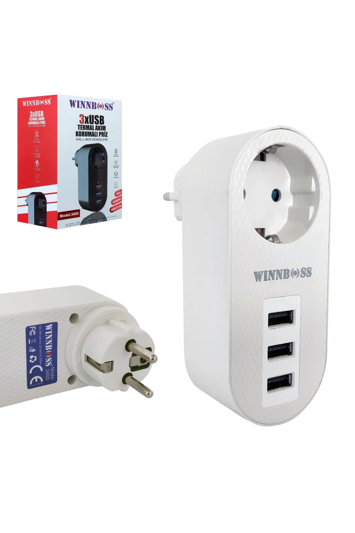 Wınnboss Wn-3400 Tekli Akım Korumalı Priz 10a 2500 Watt 3xusb