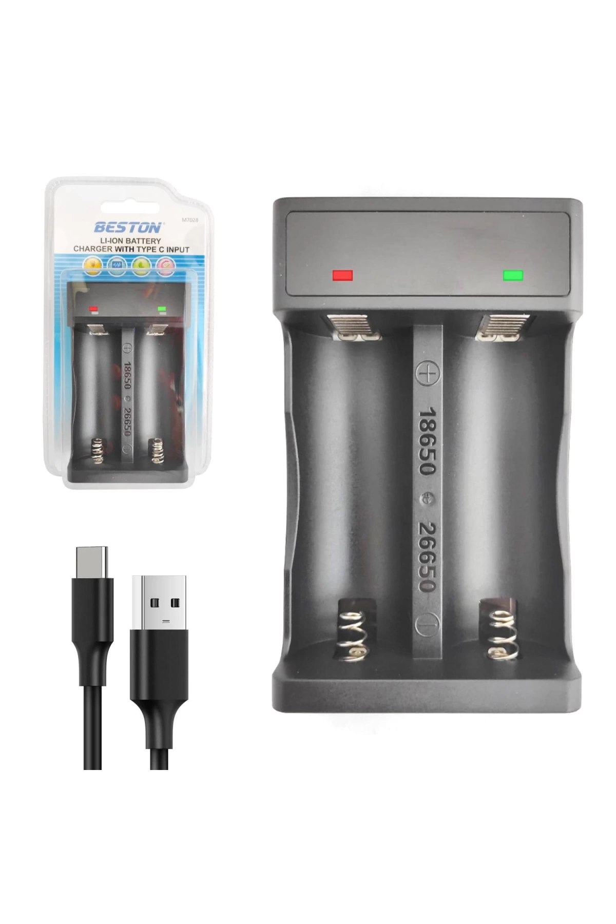 Beston M-7028 Pil Şarj Aleti 2Li Usb Ekranlı 18650-26650 Li-İon