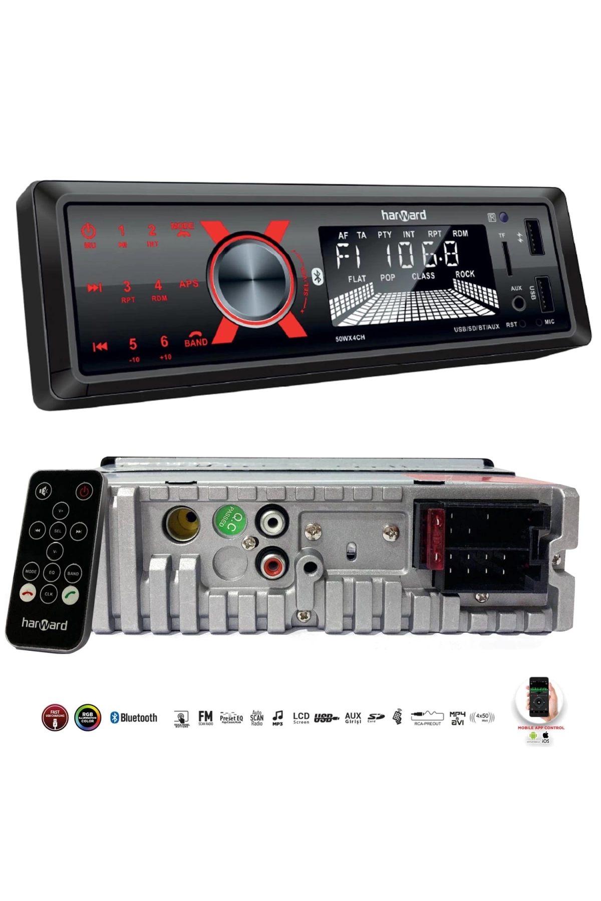 HARWARD HR-MX651 Oto Teyp 4X50 Watt Bluetooth Mobil Aplikasyon 2xUsb Sd Fm Aux