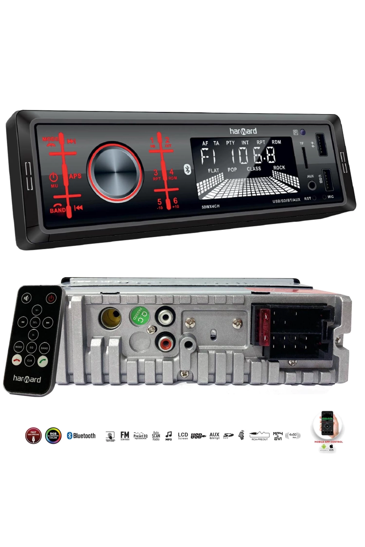 HARWARD HR-MX652 Oto Teyp 4X50 Watt Bluetooth Mobil Aplikasyon 2xUsb Sd Fm Aux