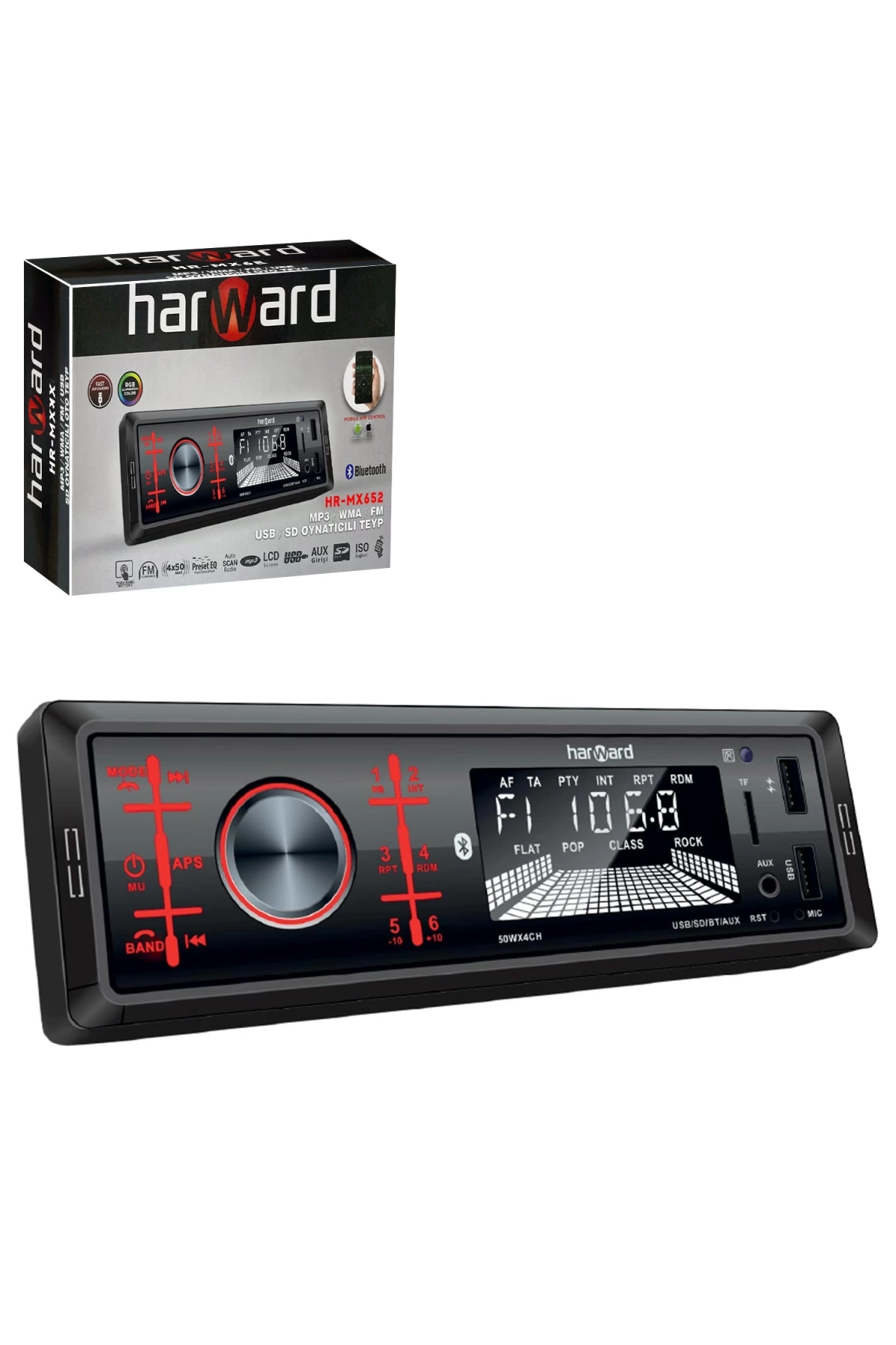 Harward Hr-Mx652 Oto Teyp 4X50 Watt Bluetooth Mobil Aplikasyon 2Xusb Sd Fm Aux