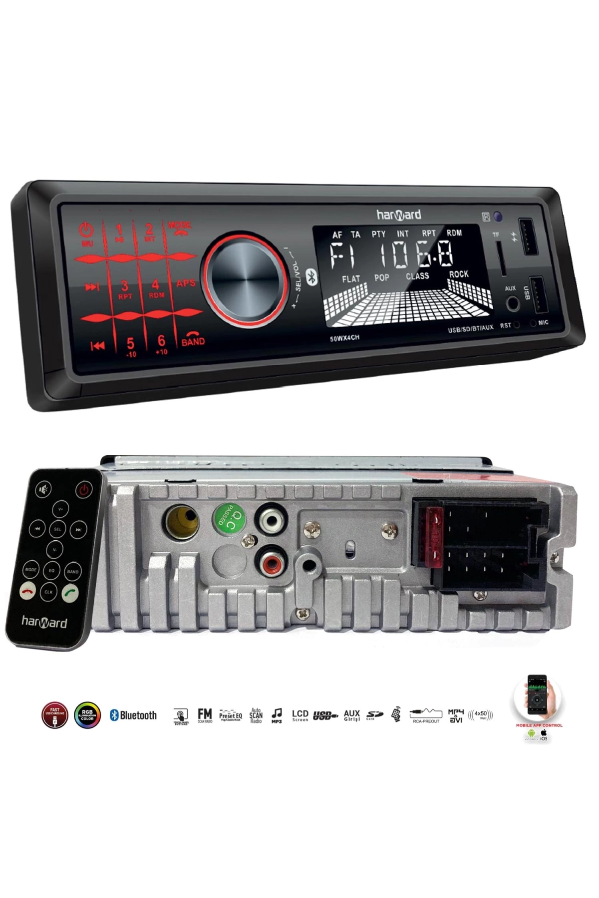 HARWARD HR-MX653 Oto Teyp 4X50 Watt Bluetooth Mobil Aplikasyon 2xUsb Sd Fm Aux