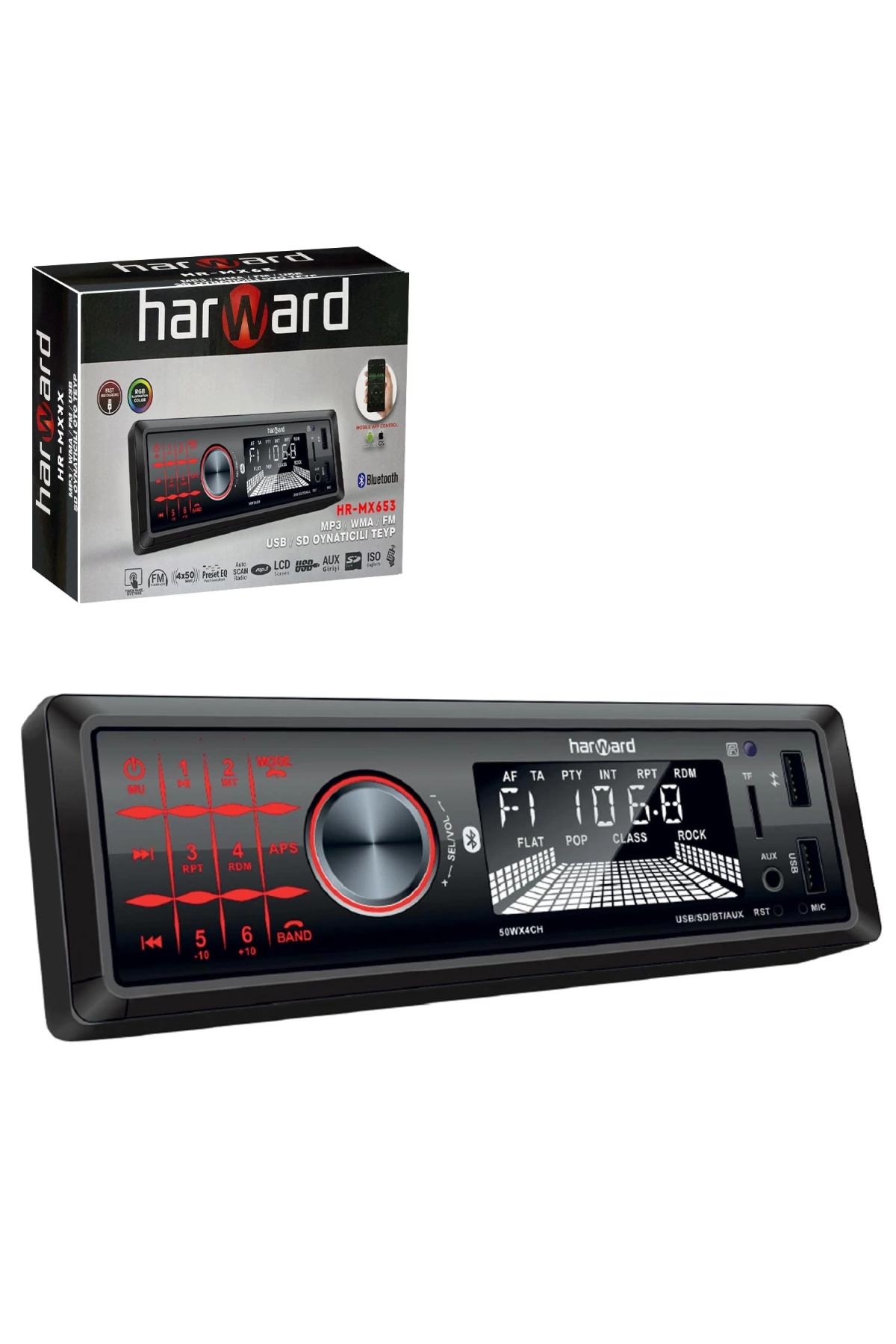 Harward Hr-Mx653 Oto Teyp 4X50 Watt Bluetooth Mobil Aplikasyon 2Xusb Sd Fm Aux