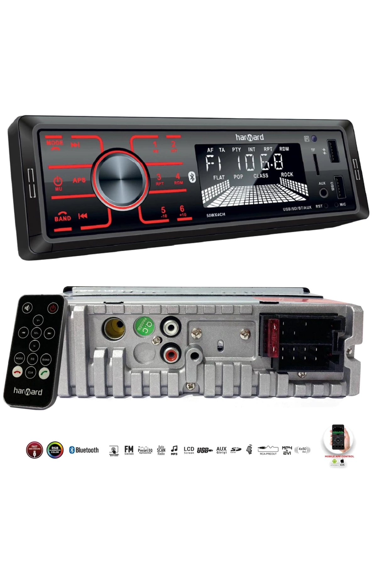 HARWARD HR-MX654 Oto Teyp 4X50 Watt Bluetooth Mobil Aplikasyon 2xUsb Sd Fm Aux