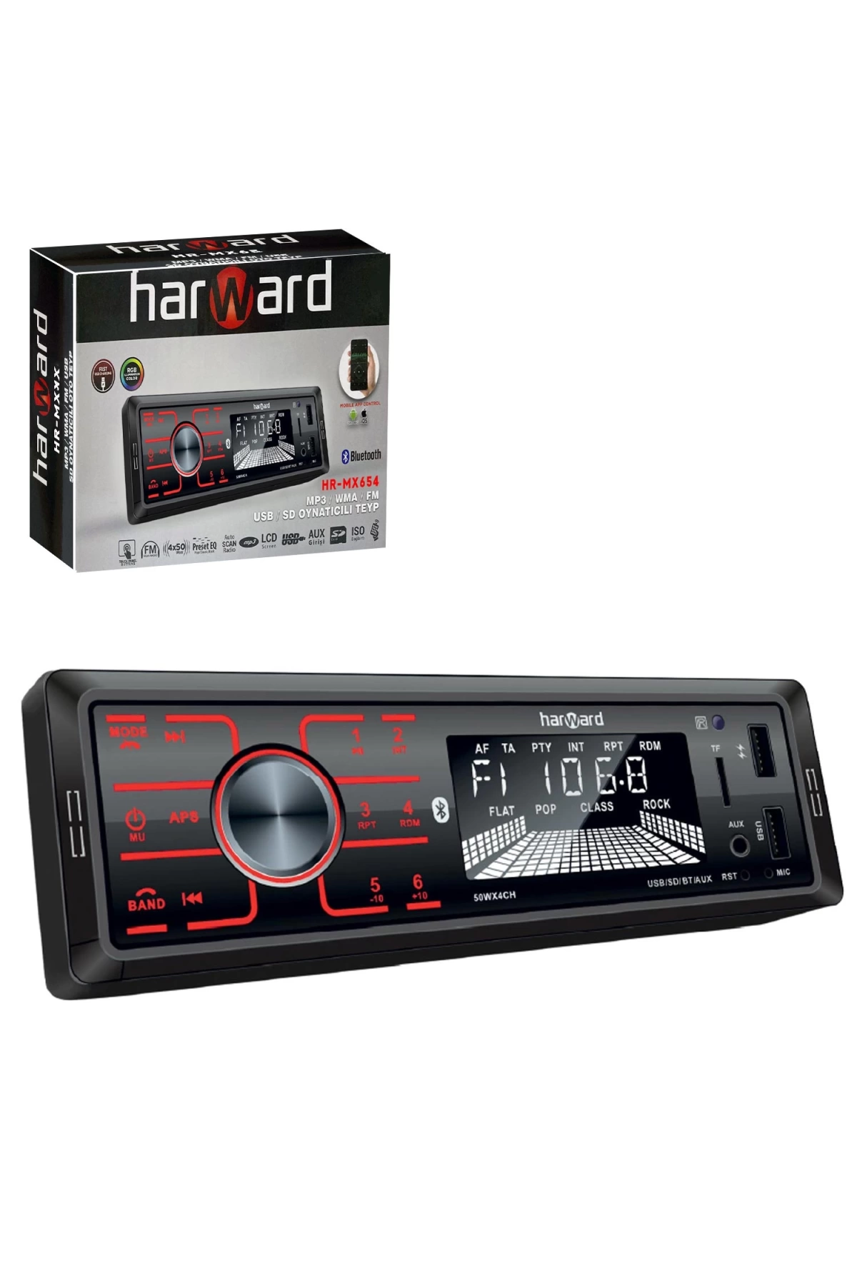 Harward Hr-Mx654 Oto Teyp 4X50 Watt Bluetooth Mobil Aplikasyon 2Xusb Sd Fm Aux