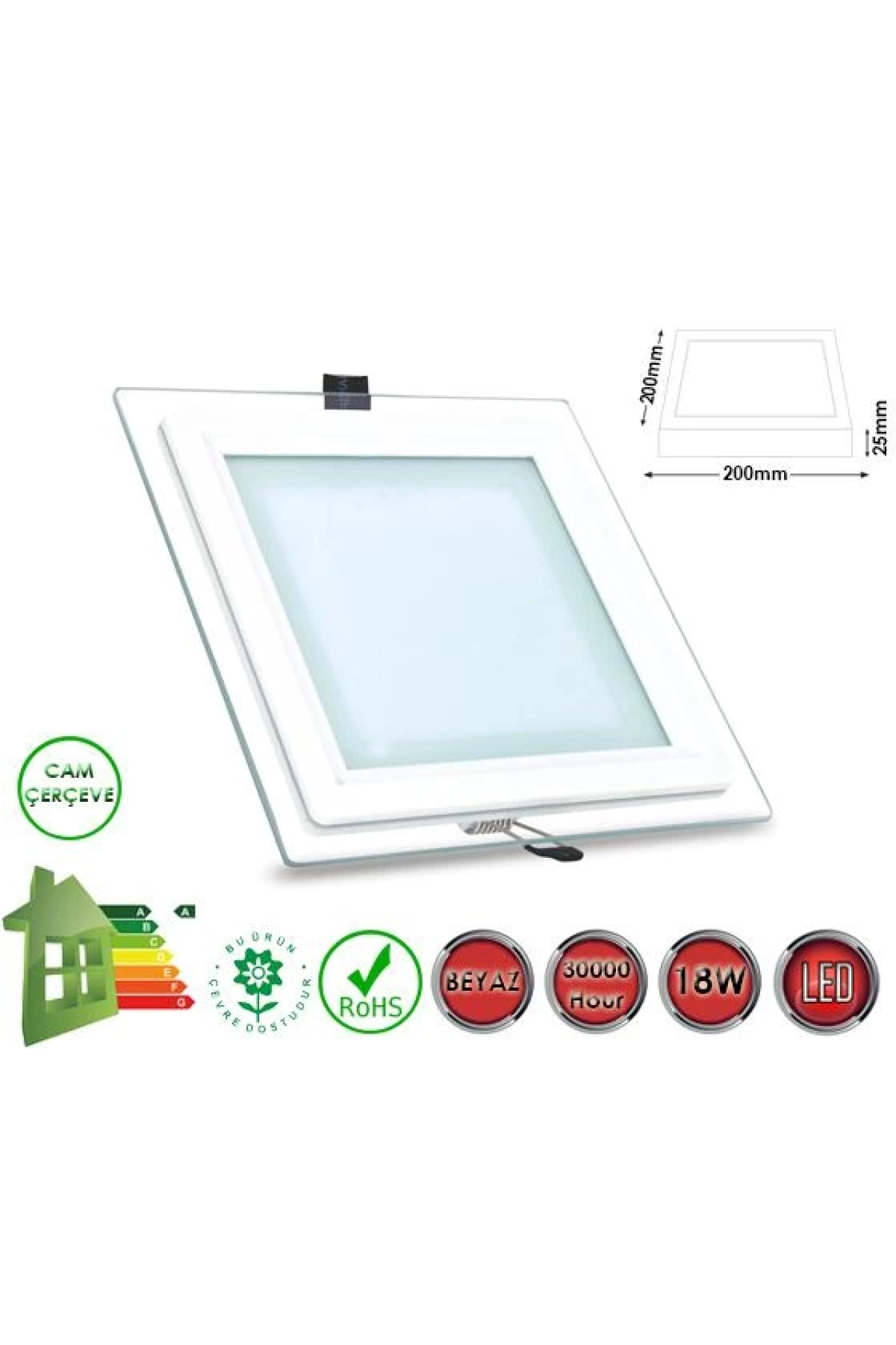 Led Panel Kare Camlı Beyaz 18w 20-16.5cm Etc